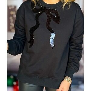 SSYS The Dorothy Bow Sequin Sweatshirt Womens Black Ribbed Trim Pullover XXL